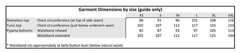Garment dimensions guide.